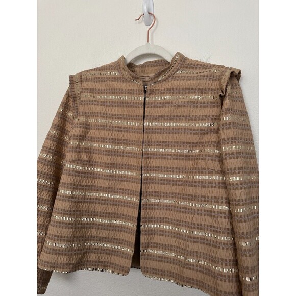 Marella Ruffle Gold Embroidered Stripe Blazer Mock Neck Clasp Women's Size 12 - Picture 2 of 10